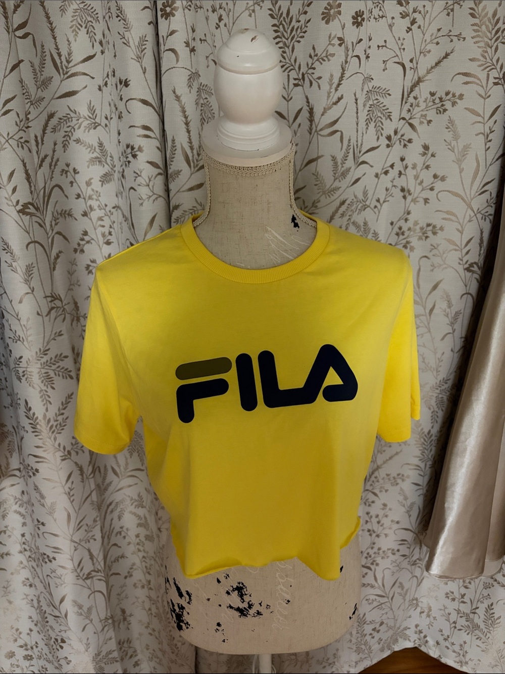 Fila Women's Cropped Yellow Short Sleeve Logo Tee with Black Print